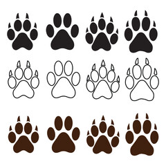 Fototapeta premium set of silhouettes of animals Paw Diverse Bear Paw Prints in Solid, Outline, and Fill Styles