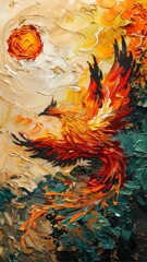A vibrant phoenix rises against a fiery sun, showcasing dynamic brushstrokes in warm colors that evoke rebirth and transformation.