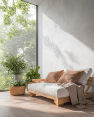 Cozy living space with natural light and greenery in a modern interior design