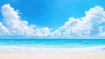 Fototapeta premium A serene beach scene with soft white sand, gentle waves, and a vibrant blue sky filled with fluffy white clouds.