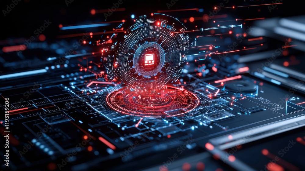 Poster futuristic cybersecurity interface with digital elements and glowing patterns, showcasing advanced t
