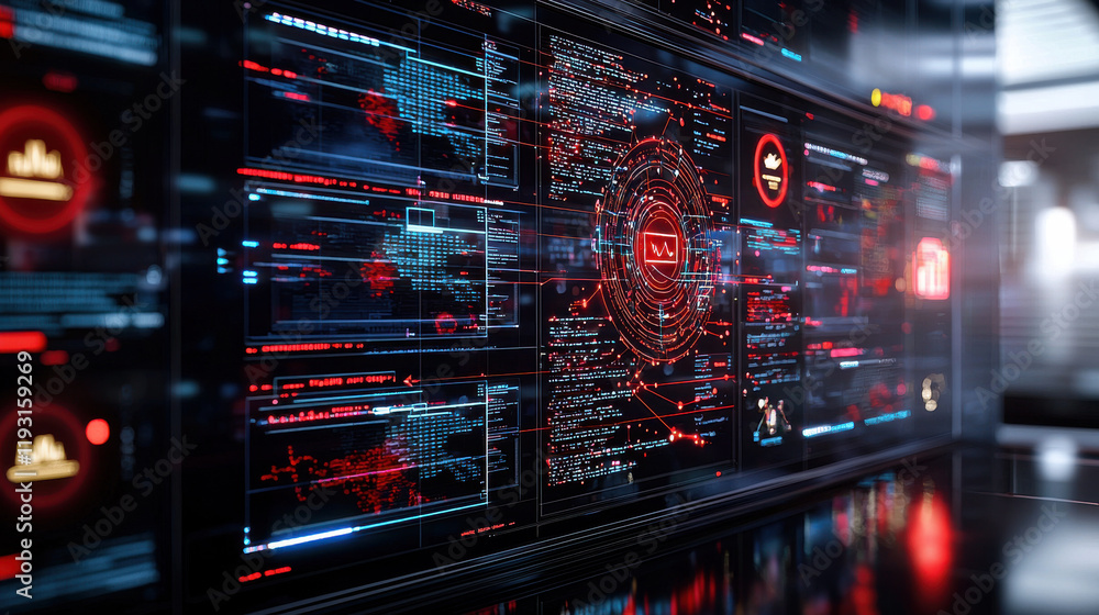 Poster close up of high tech security system monitoring cybersecurity data, featuring vibrant red and blue graphics, digital interfaces, and analytical displays