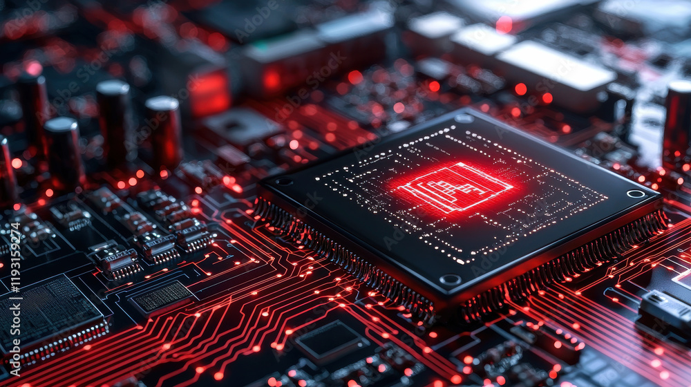 Poster close up of computer circuit board featuring red illuminated microchip, showcasing intricate details of technology and cybersecurity. vibrant colors highlight complexity of modern electronics