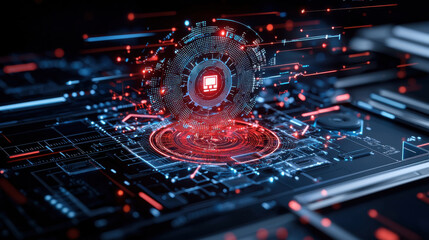 futuristic cybersecurity interface with digital elements and glowing patterns, showcasing advanced technology and data protection