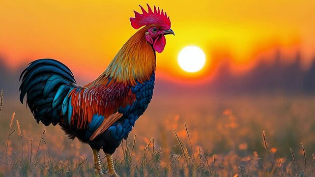 Vibrant rooster standing in a golden field at sunrise, symbolizing rural life, dawn, and nature's beauty with vivid warm tones
