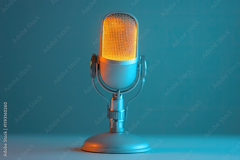 Poster minimalist design featuring glowing microphone on plain background symbolizing self-expression throu
