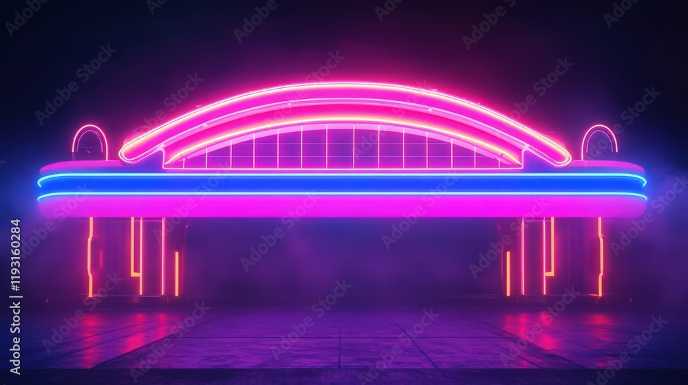 Poster a vibrant neon archway glows against a dark backdrop with a reflective surface creating a futuristic