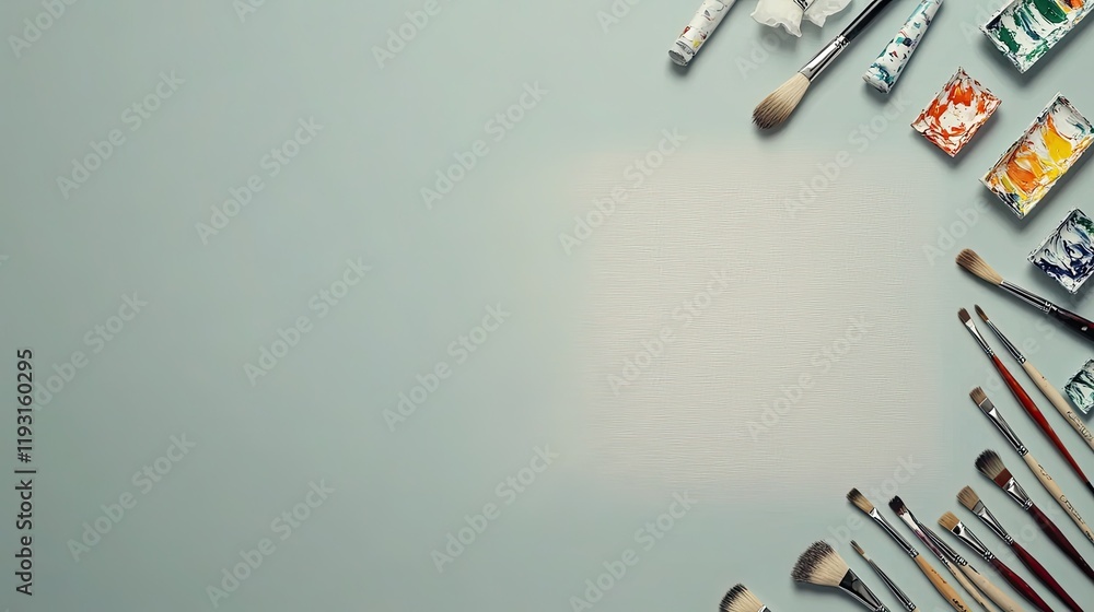 Poster minimalist display of blank canvas with scattered brushes and paint tubes on solid gray background