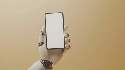 Robotic Hand Holding Smartphone Displaying Blank Screen