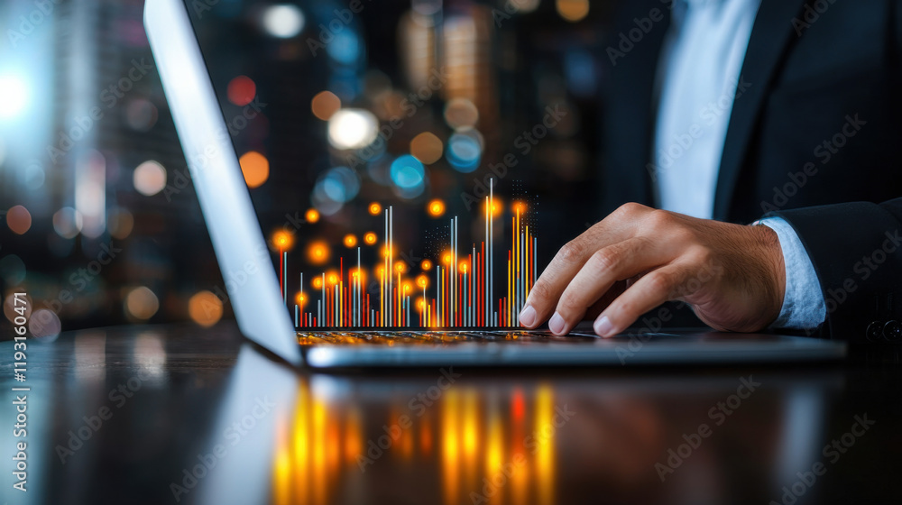 Leinwandbilder close up of analyst hand on laptop, analyzing data with glowing graphs and charts. scene conveys sen
