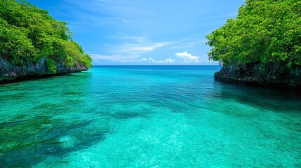 Tranquil tropical inlet with mangroves and serene waters Tropical Stock Photo with side copy space
