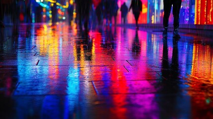 Obraz premium Colorful reflections of city lights on a wet pavement at night, with blurred silhouettes of pedestrians walking.