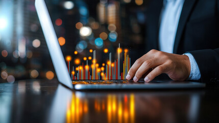 close up of analyst hand on laptop, analyzing data with glowing graphs and charts. scene conveys sense of focus and modern technology in dynamic environment