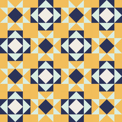 Geometric pattern with blue and yellow accents, seamless repeating patterns, vector art style, simple shapes, flat color blocks, retro design