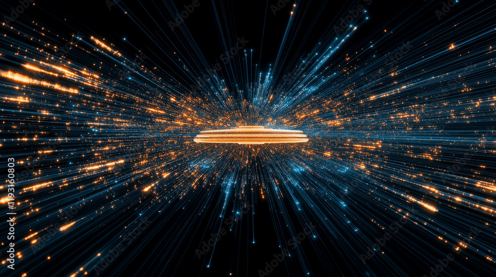 Poster hyperdrive: abstract digital art depicting a spaceship or object traveling at light speed, surrounde