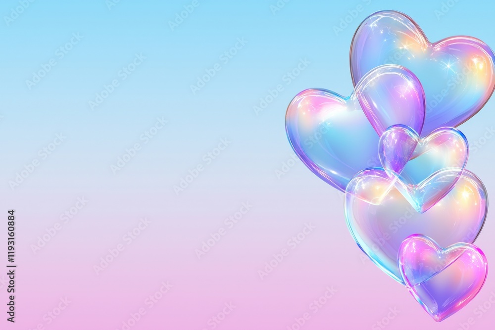 Poster colorful, iridescent hearts float against a soft gradient background, creating a whimsical and roman