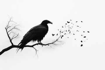 Fototapeta premium A minimalist silhouette of a vulture perched on a tree branch, with simple black lines against a white background