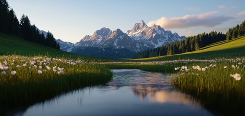 Fototapeta premium A serene landscape featuring a tranquil river, lush green fields, blooming flowers, and majestic mountains under a clear sky.