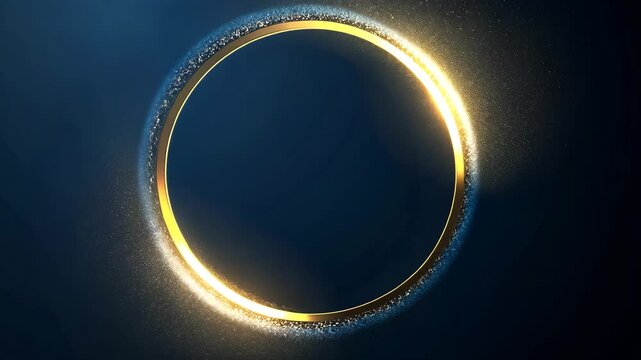 Blue circle frame decorated with shining golden lights isolated blue background. Copy and paste area. 4k edition