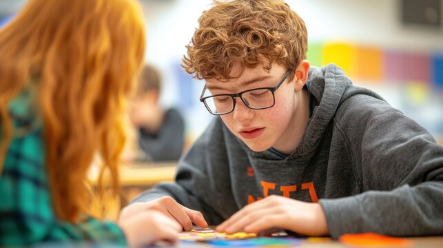 A supportive peer helping an autistic teen during a group activity at school.