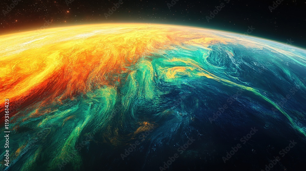 Poster stunning half view of earth from space with vibrant colors and abstract patterns representing atmosp