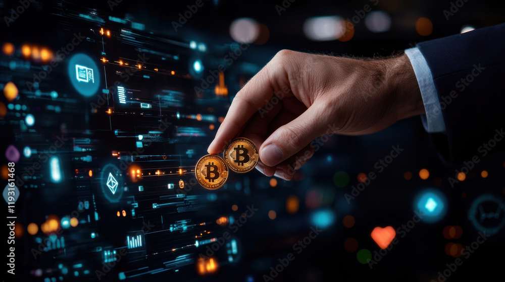 Leinwandbilder close up of entrepreneur hand holding two bitcoin coins, symbolizing digital currency investment and