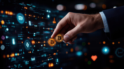 close up of entrepreneur hand holding two Bitcoin coins, symbolizing digital currency investment and technology. background features futuristic interface with data and icons