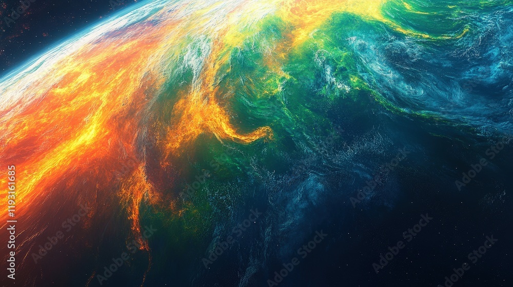 Poster half of the earth viewed from space with colorful swirls and vibrant patterns illustrating the plane
