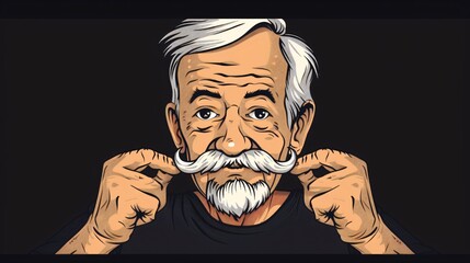 Senior Man Touching Mustache on Black Background Cartoon Style