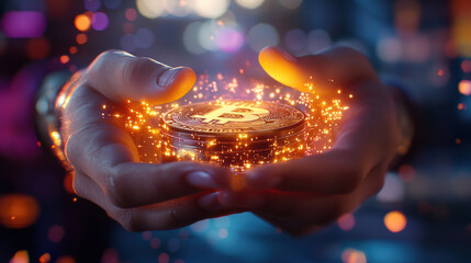 close up of hands holding glowing cryptocurrency coin, surrounded by sparkling lights, symbolizes digital finance and innovation. image evokes excitement and potential