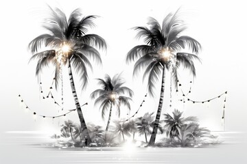 A serene tropical scene featuring illuminated palm trees, creating a calming atmosphere with a minimalist aesthetic.