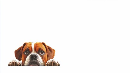 Obraz premium Cute brown and white boxer dog peeking over white background.