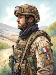 Watercolor portrait of a French soldier standing proud in a scenic landscape