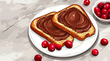 Delicious Toasted Bread with Chocolate Spread and Fresh Cranberries
