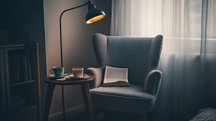 Cozy armchair with book, coffee, and lamp in a quiet room.