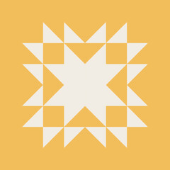 Geometric pattern art print with blue and mustard yellow accents, repeating patterns, vector art style, simple shapes, flat color blocks, retro design