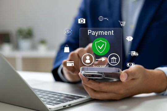 Secure online payment, Digital banking, Payment successful, Fintech solutions for seamless transactions and data protection, Online banking, Businessman authorizes an online payment via smartphone.