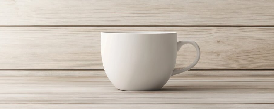 Blank white coffee cup mockup isolated on a smooth light wooden background