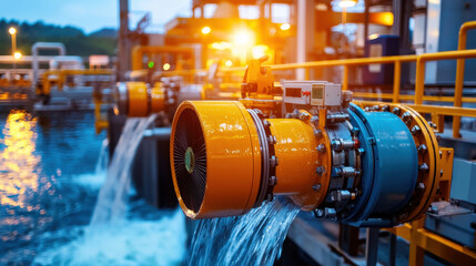 Close up of hydroelectric turbines with water flowing, showcasing industrial machinery and infrastructure. vibrant colors and dynamic movement create engaging visual
