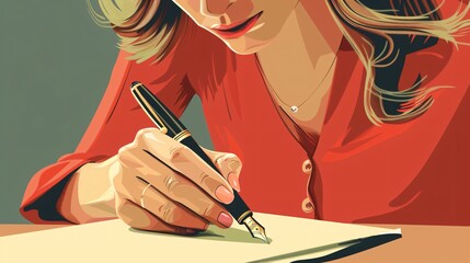 Elegant Woman Writing Letter with Fountain Pen in Close-up Cartoon Style