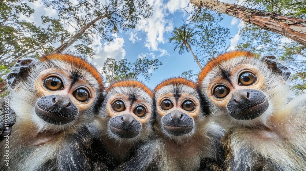 Poster Monkeys swinging through tall trees in a tropical forest setting Tropical Stock Photo with side copy space