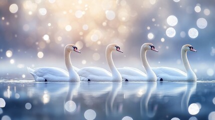 Four graceful white swans swimming in calm water, reflected, winter bokeh background.