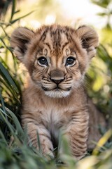 Fototapeta premium Adorable lion cub sitting in green grass, looking directly at the camera.