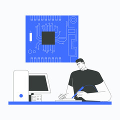 Man working at desk with microchip illustration symbolizing technology, computing, and innovation in flat vector style, isolated on white background