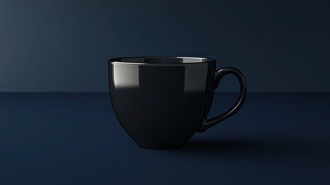 Empty black coffee cup mockup isolated on solid dark blue background