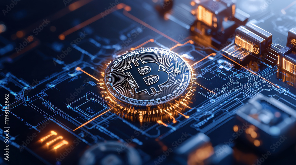 Aufkleber close up view of Bitcoin symbol on digital circuit board, showcasing intricate details and glowing elements, representing cryptocurrency technology and finance