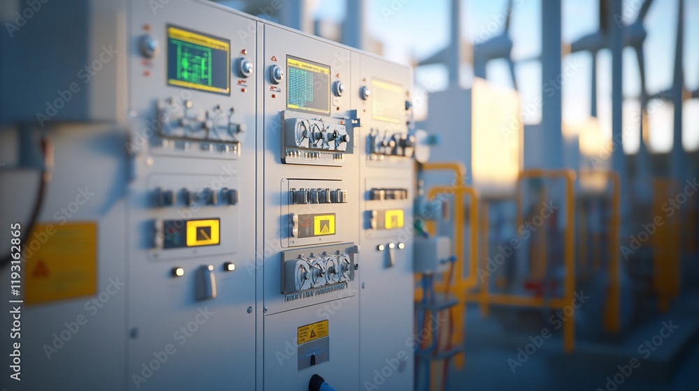 Poster close-up of industrial control panel with digital displays and buttons in a factory setting.