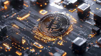 close up view of Bitcoin symbol on circuit board, showcasing digital technology and cryptocurrency innovation. glowing elements highlight modern financial landscape