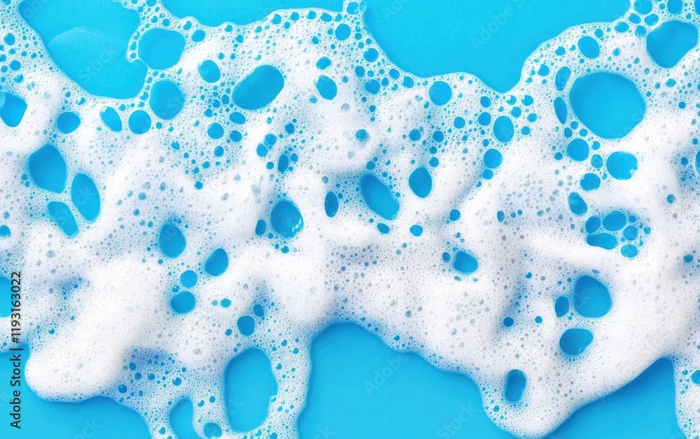 Poster close-up of white soap bubbles on a blue background, creating a fresh and clean visual for various a