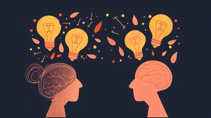 Creative concept of lightbulbs flying from human head to other head